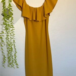 Elegant Fitted Mustard Ruffle Dress